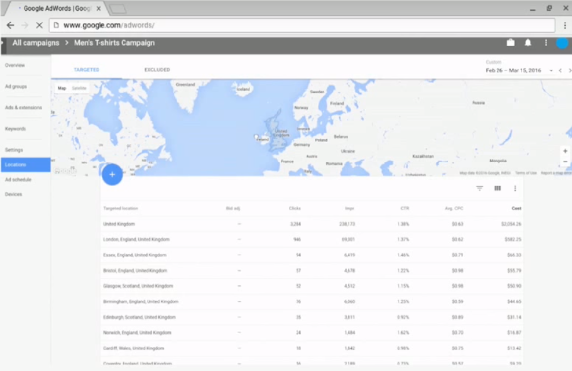 Overzicht van locaties in nieuwe Google AdWords interface