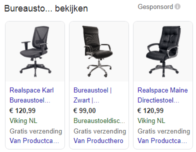 Google shopping voorbeeld bureaustoelen